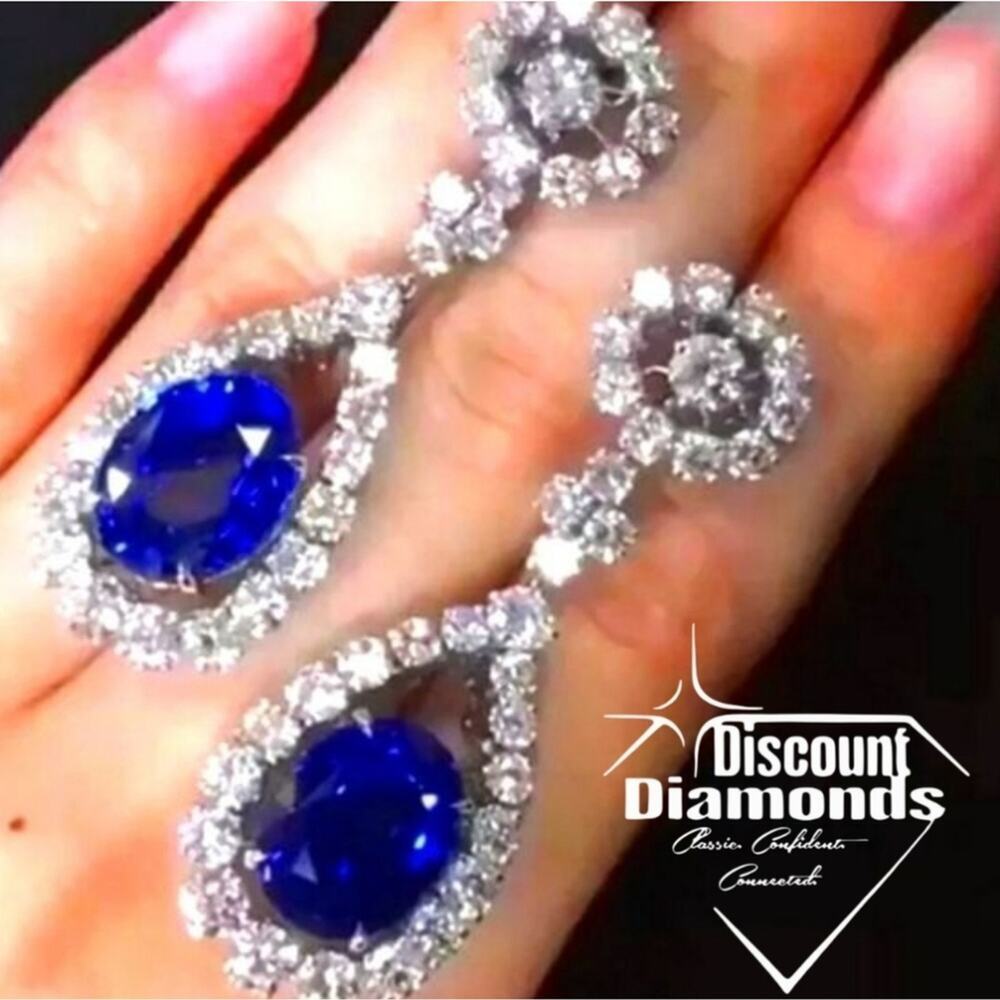 Dark Blue Sapphire & White Baguette Diamond Earrings 925 Sterling Silver Women's